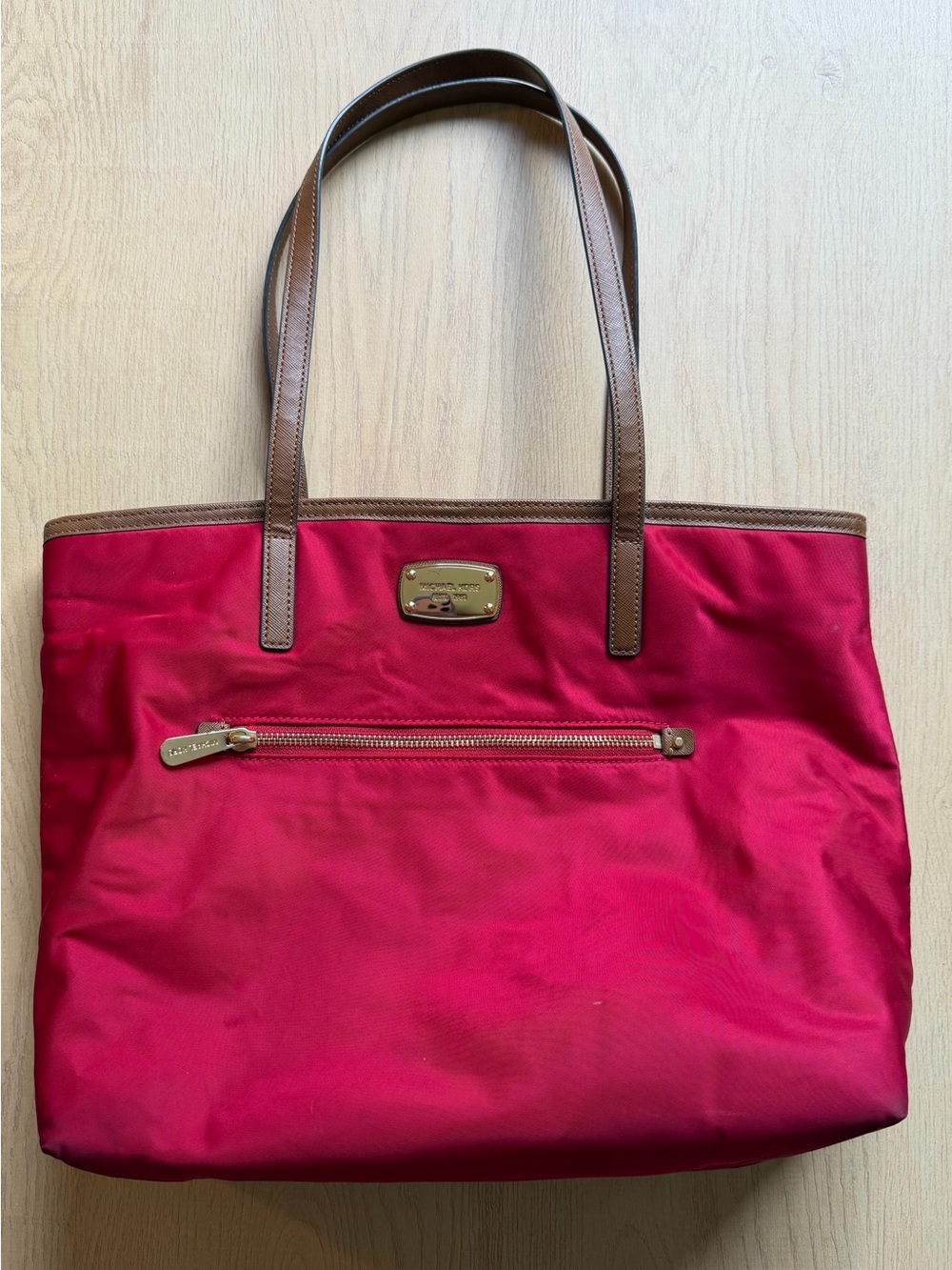 Michael Kors Pink Nylon Tote with Brown Leather Trim and Gold Hardware